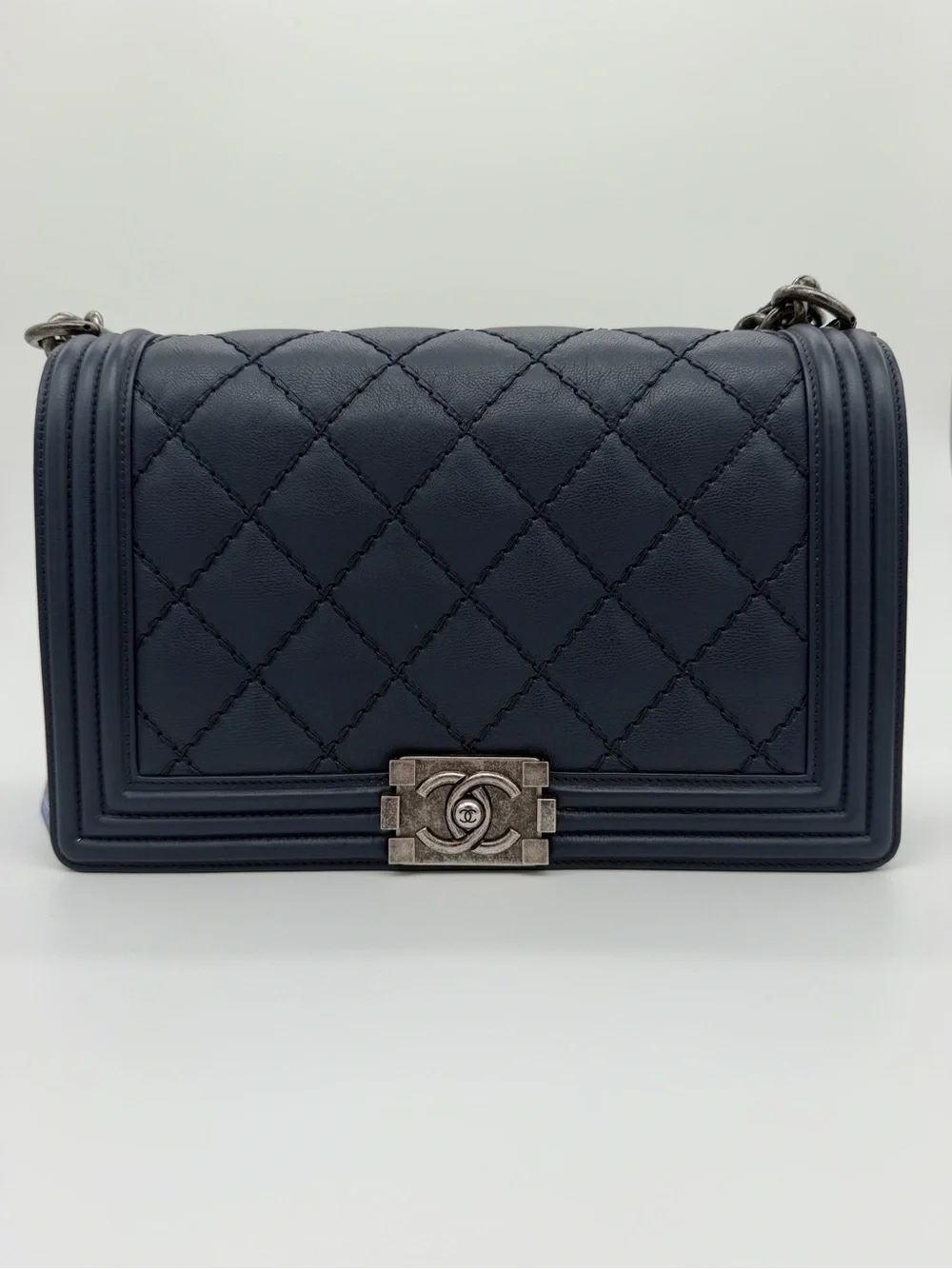 CHANEL Medium Navy Boybag  Quilted Boy Flap Shoulder Bag w/Silver-Tone Hardware